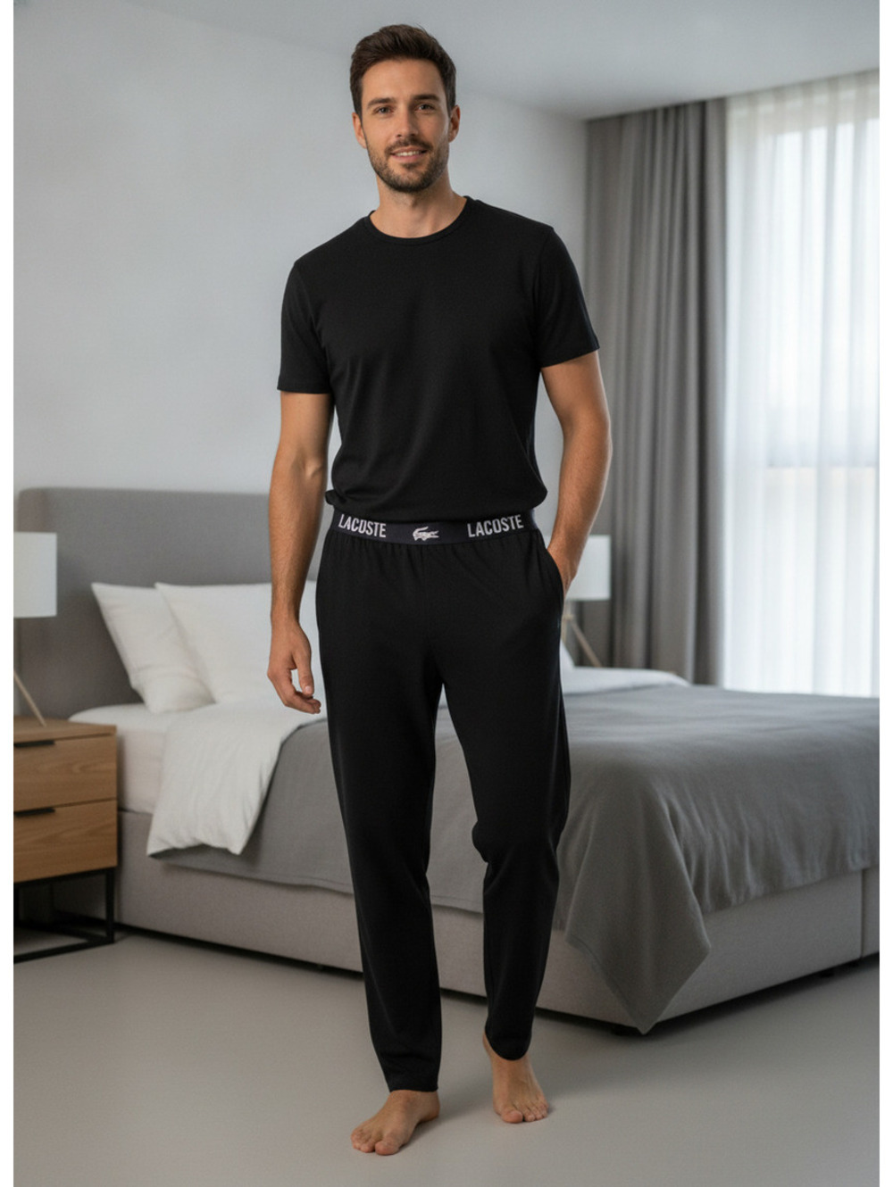 Lacoste Men's Black Lounge Pants with Logo Waistband XL
